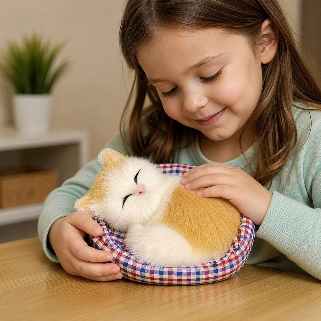 Slapende kat knuffel met decoratieve mand