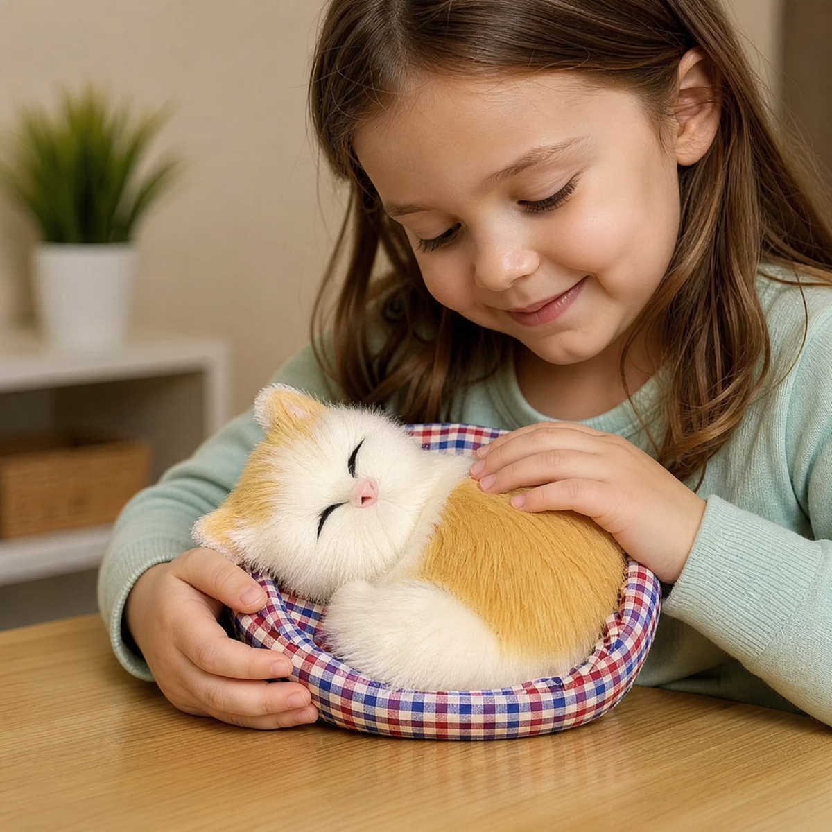 Slapende kat knuffel met decoratieve mand