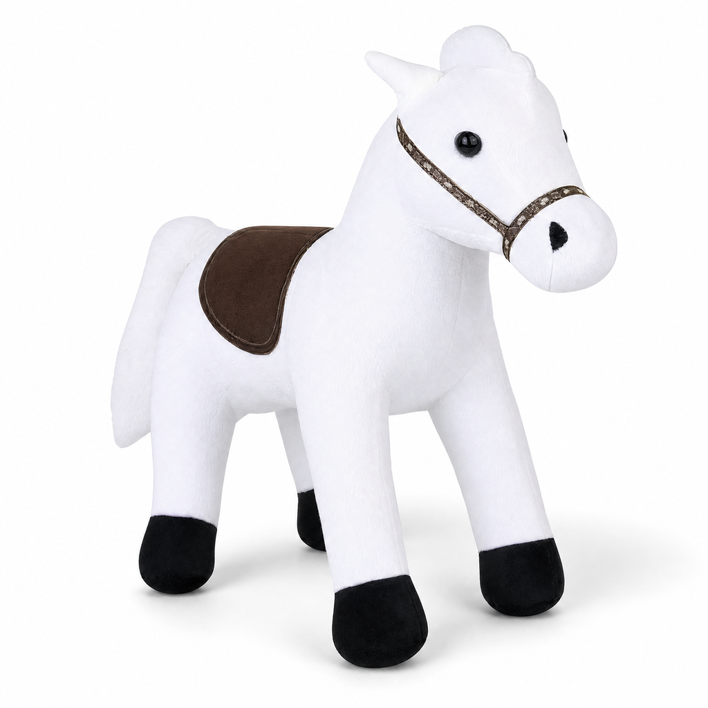 Wit paard knuffel met bruin zadel 35 cm