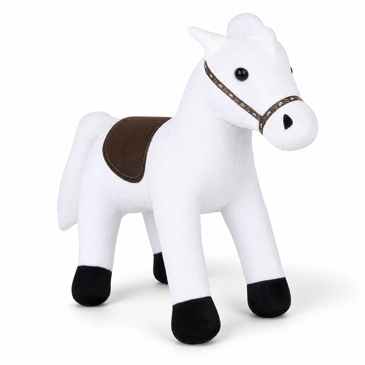 Wit paard knuffel met bruin zadel 35 cm
