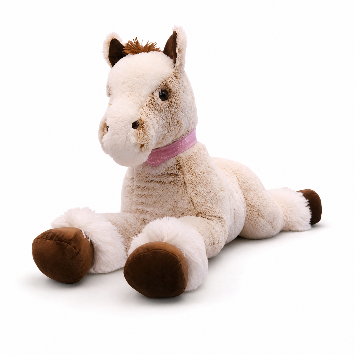 Reusachtige liggende beige paard knuffel 90 cm