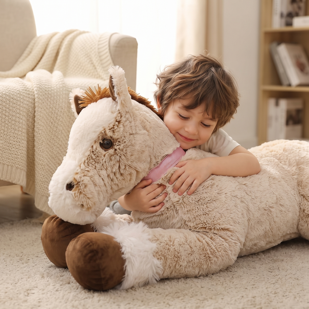 Reusachtige liggende beige paard knuffel 90 cm