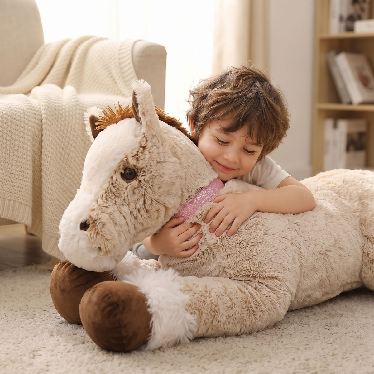 Reusachtige liggende beige paard knuffel 90 cm