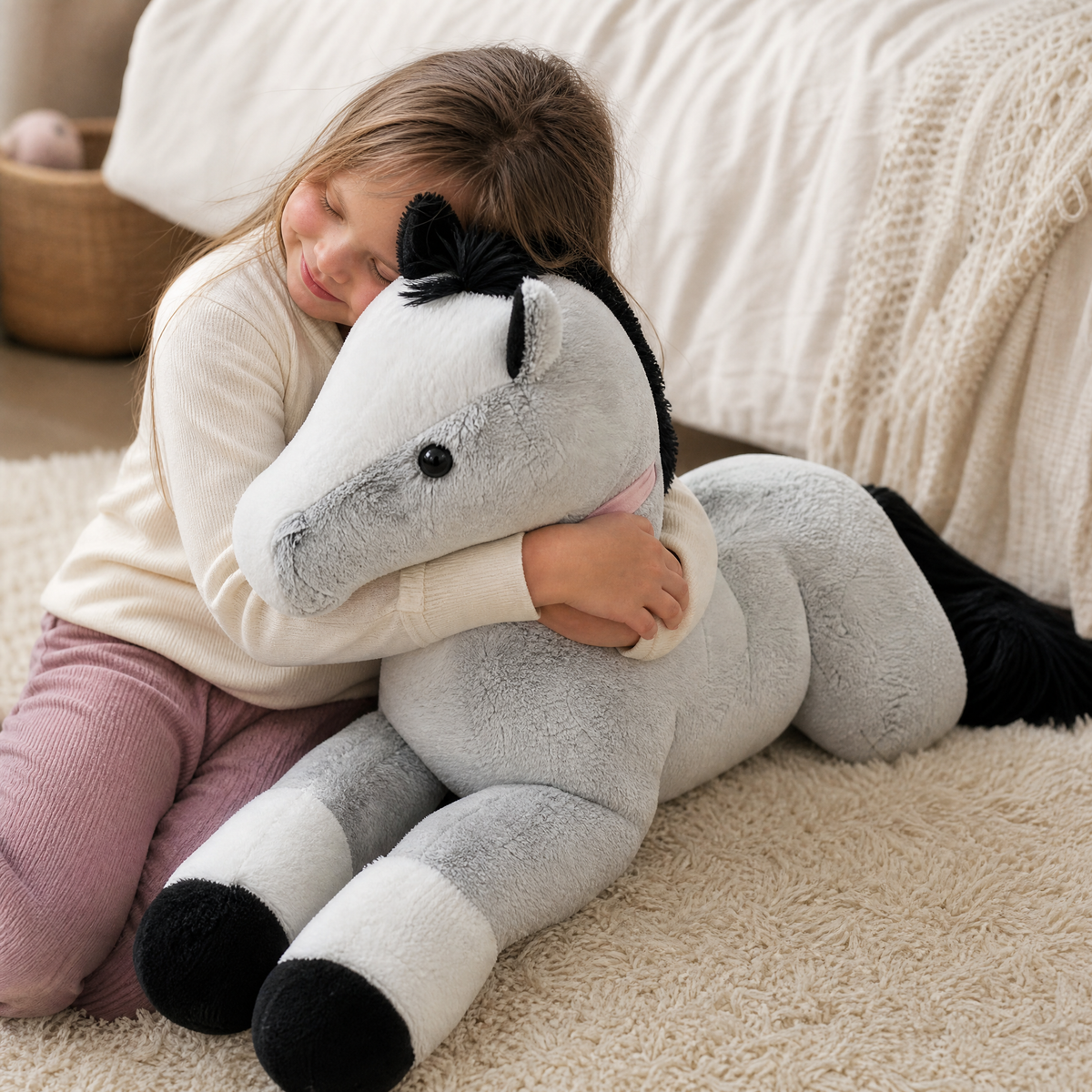 Reusachtige paard knuffel grijsblauw 90 cm