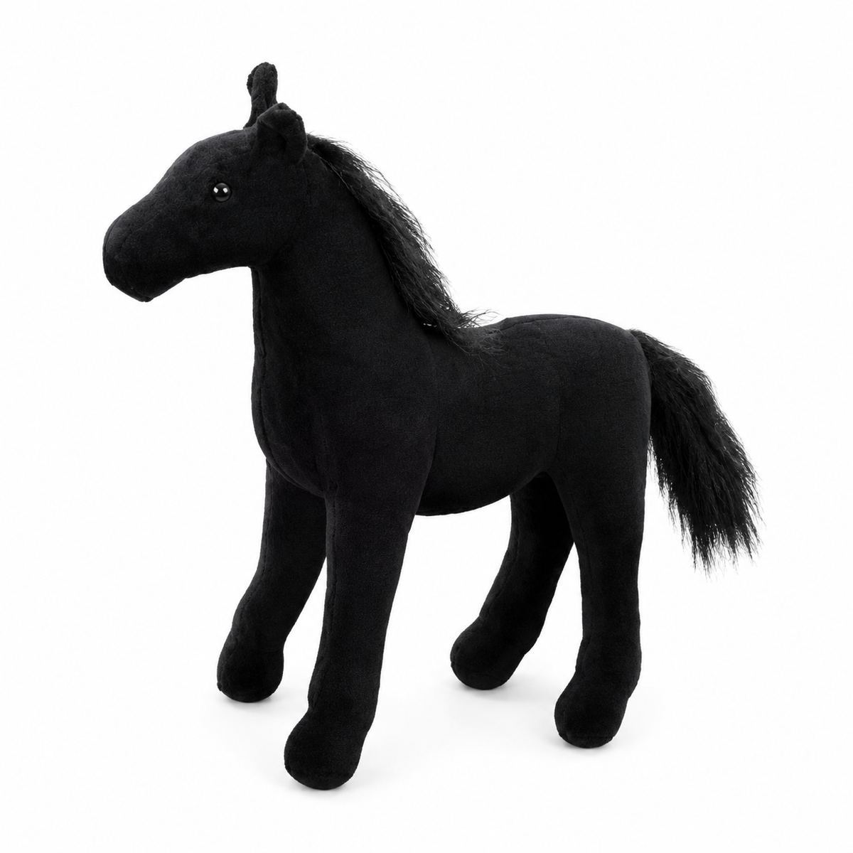 Zwart paard knuffel met zijdeachtige manen