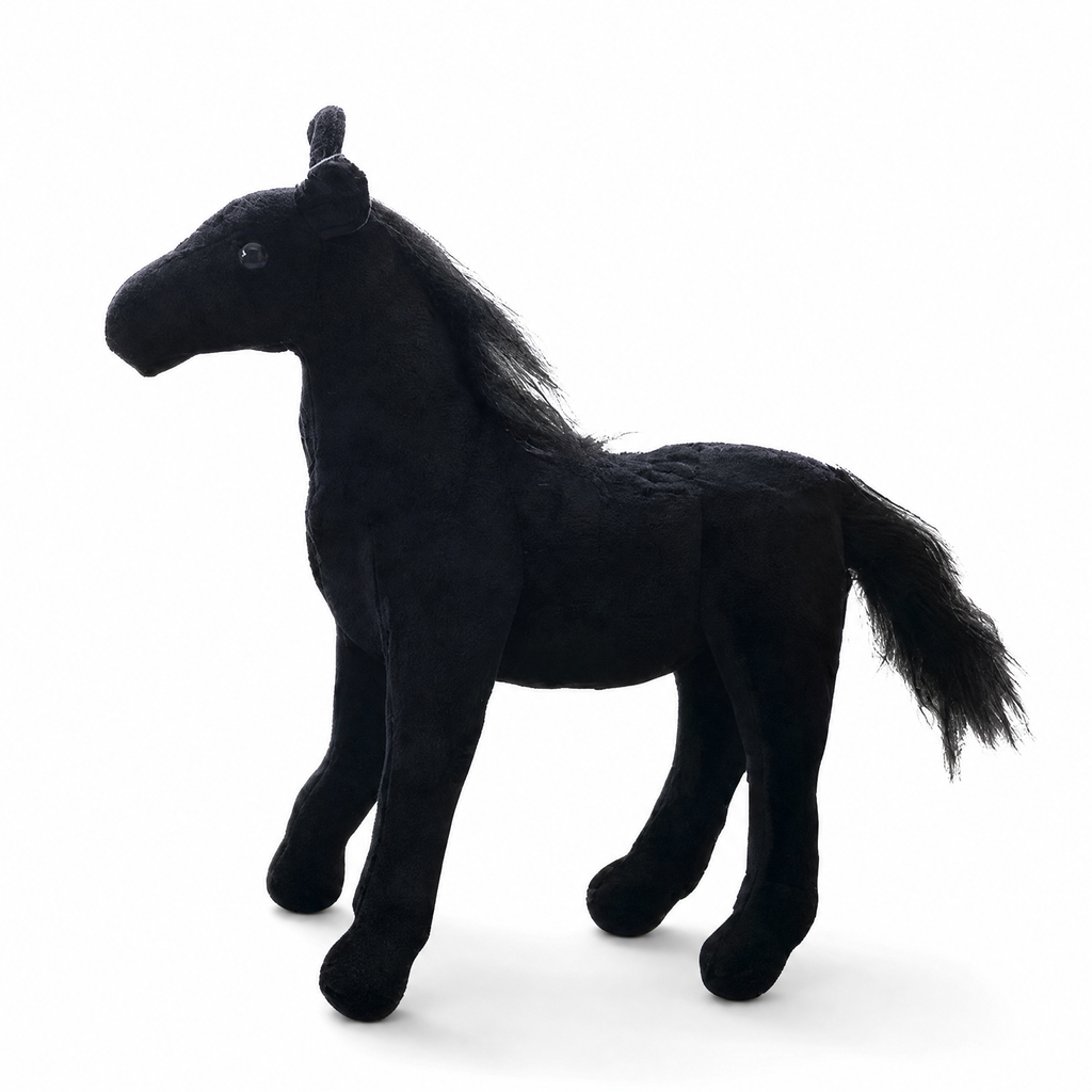 Zwart paard knuffel met zijdeachtige manen