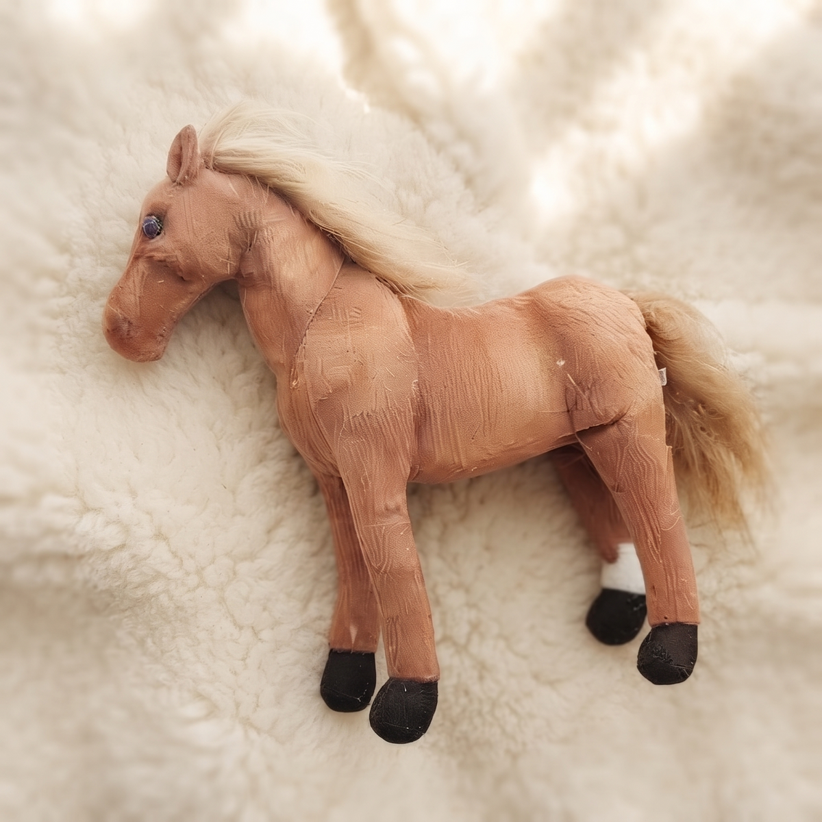 Realistische bruine paard knuffel met blonde manen