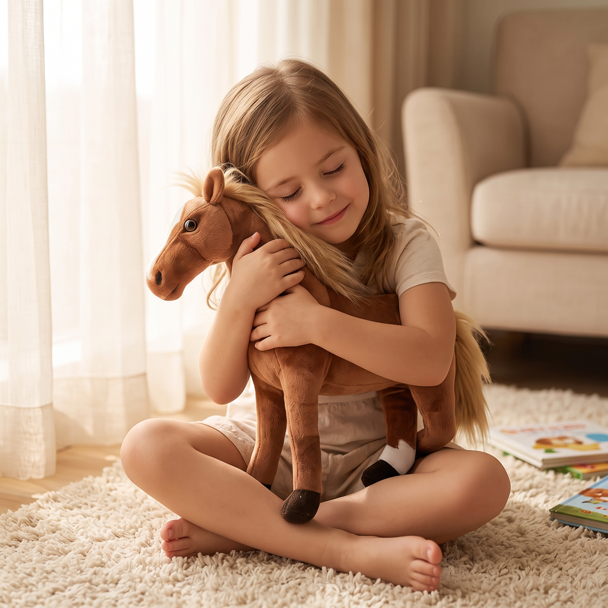 Realistische bruine paard knuffel met blonde manen