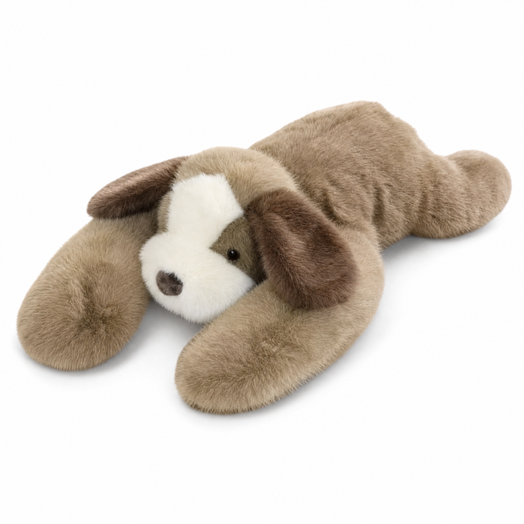 Rustgevende verzwaarde beige hond knuffel