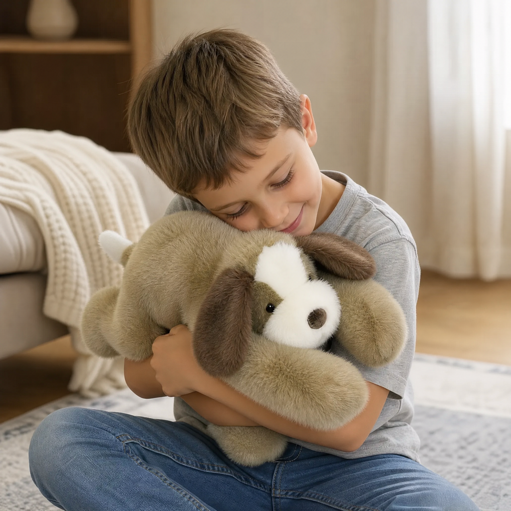 Rustgevende verzwaarde beige hond knuffel