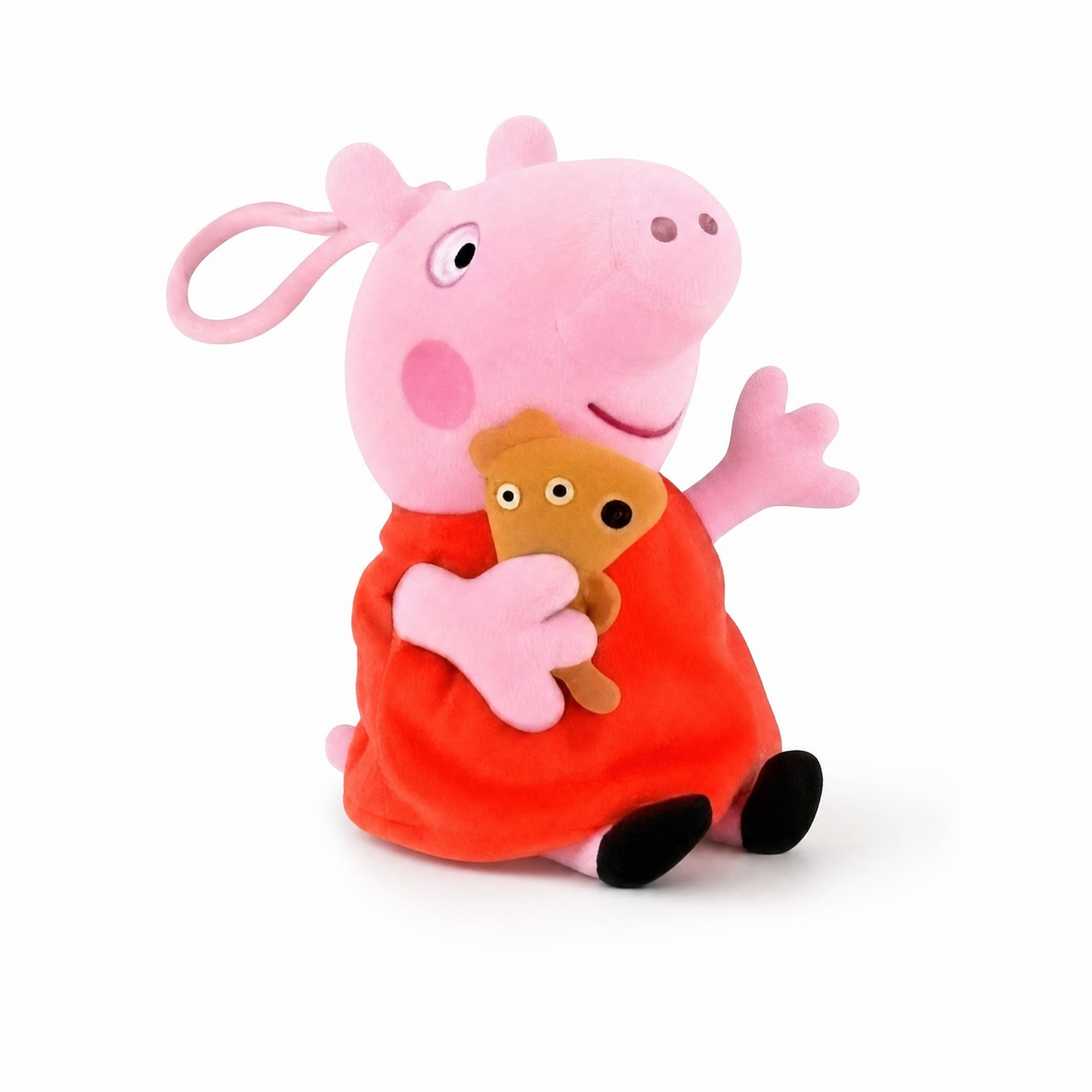 Zittende roze varken knuffel met beertje