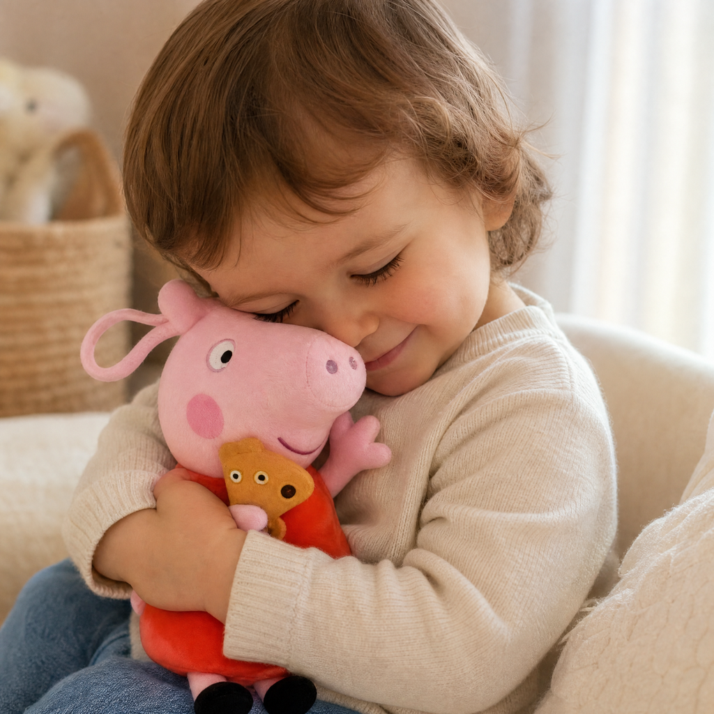 Zittende roze varken knuffel met beertje