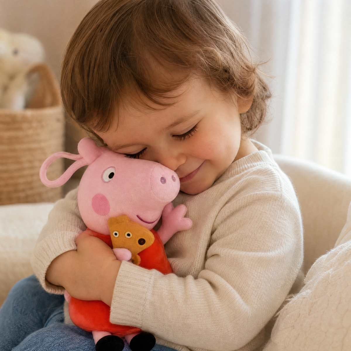 Zittende roze varken knuffel met beertje