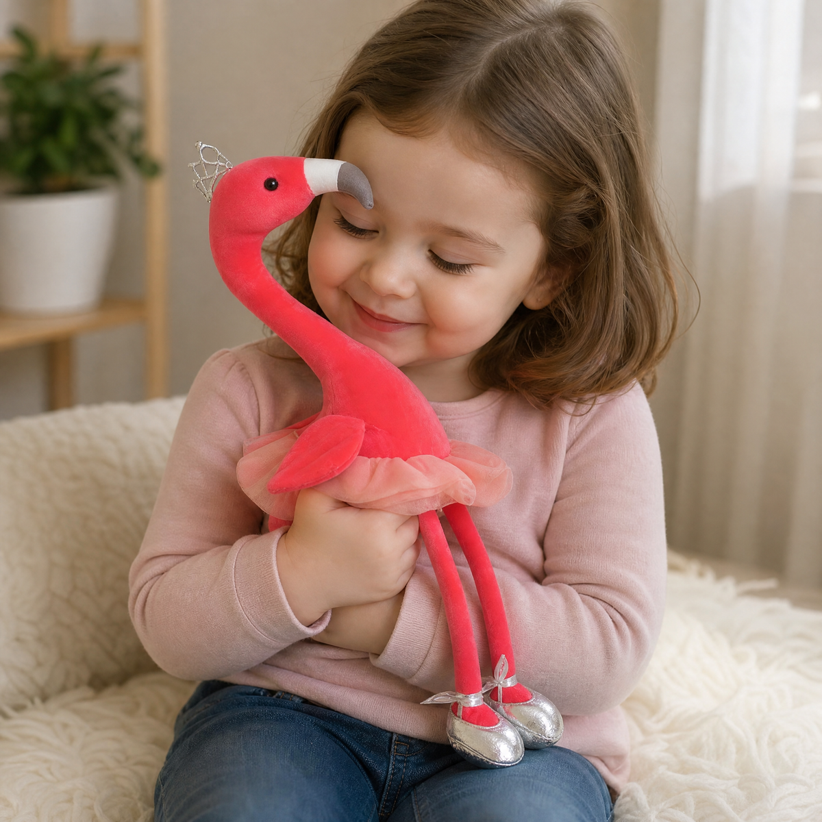 Roze flamingo knuffel 35 cm met zachte kroon