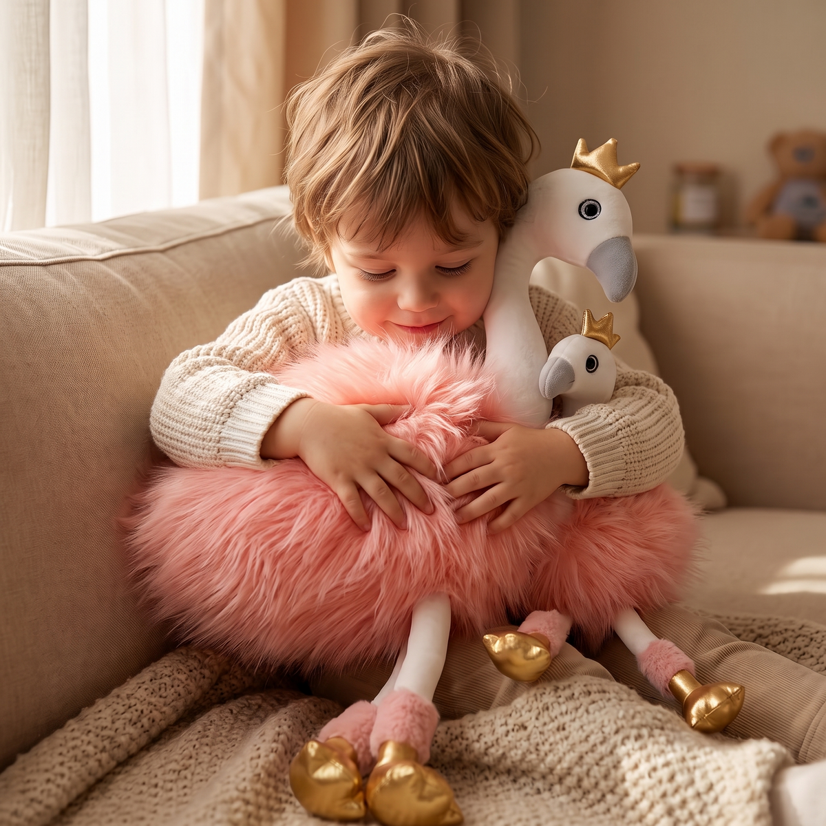 Roze flamingo knuffel met gouden kroon