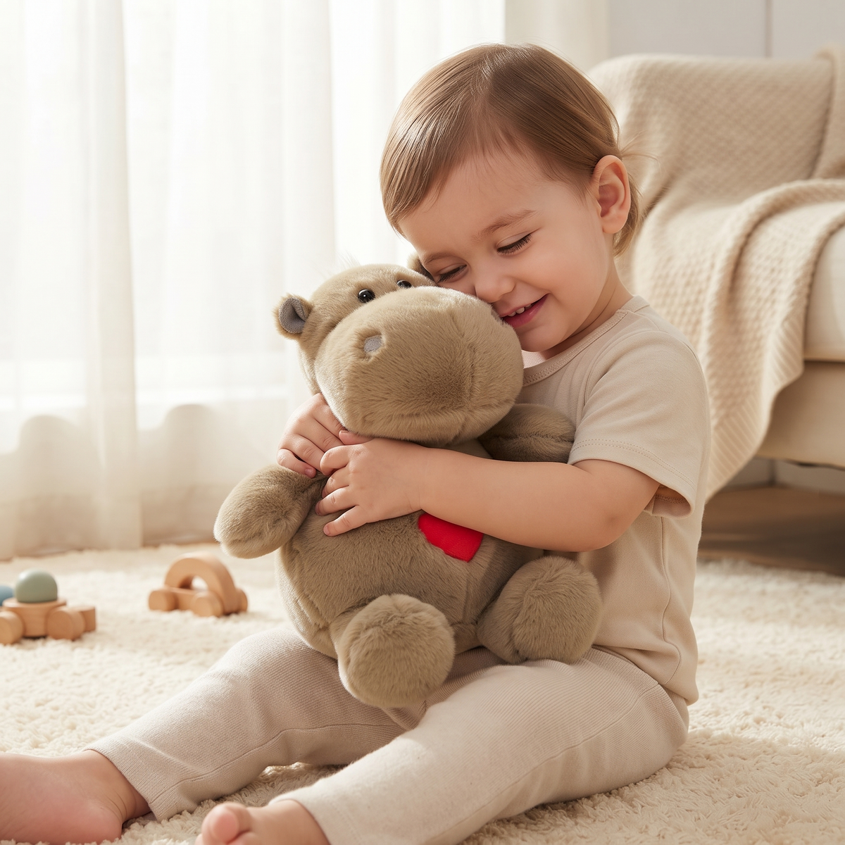 Nijlpaard knuffel met hart beige of grijs