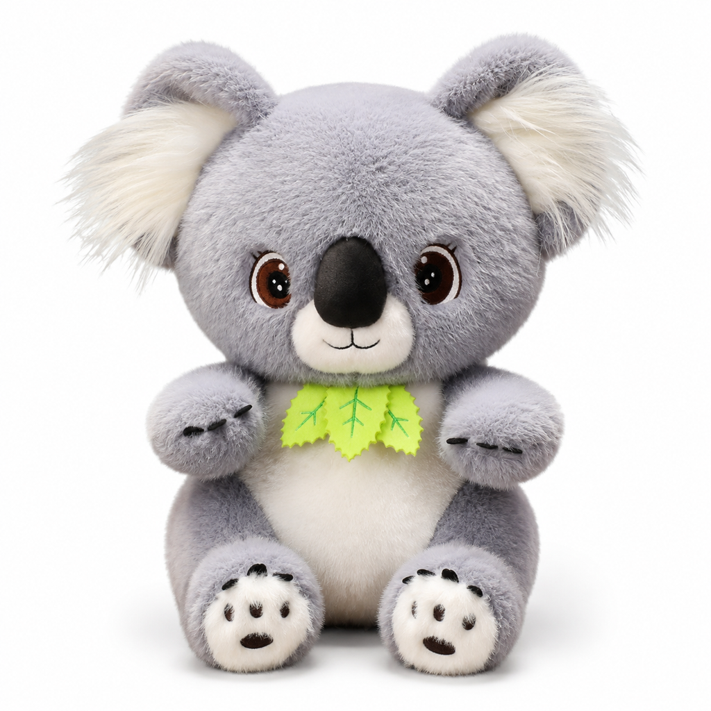 Grijze koala knuffel met eucalyptusblad