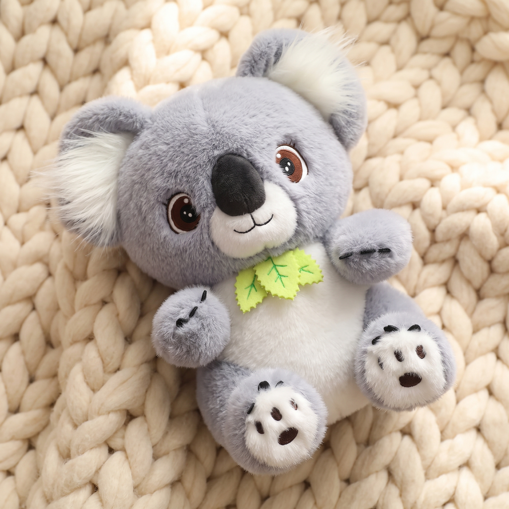 Grijze koala knuffel met eucalyptusblad