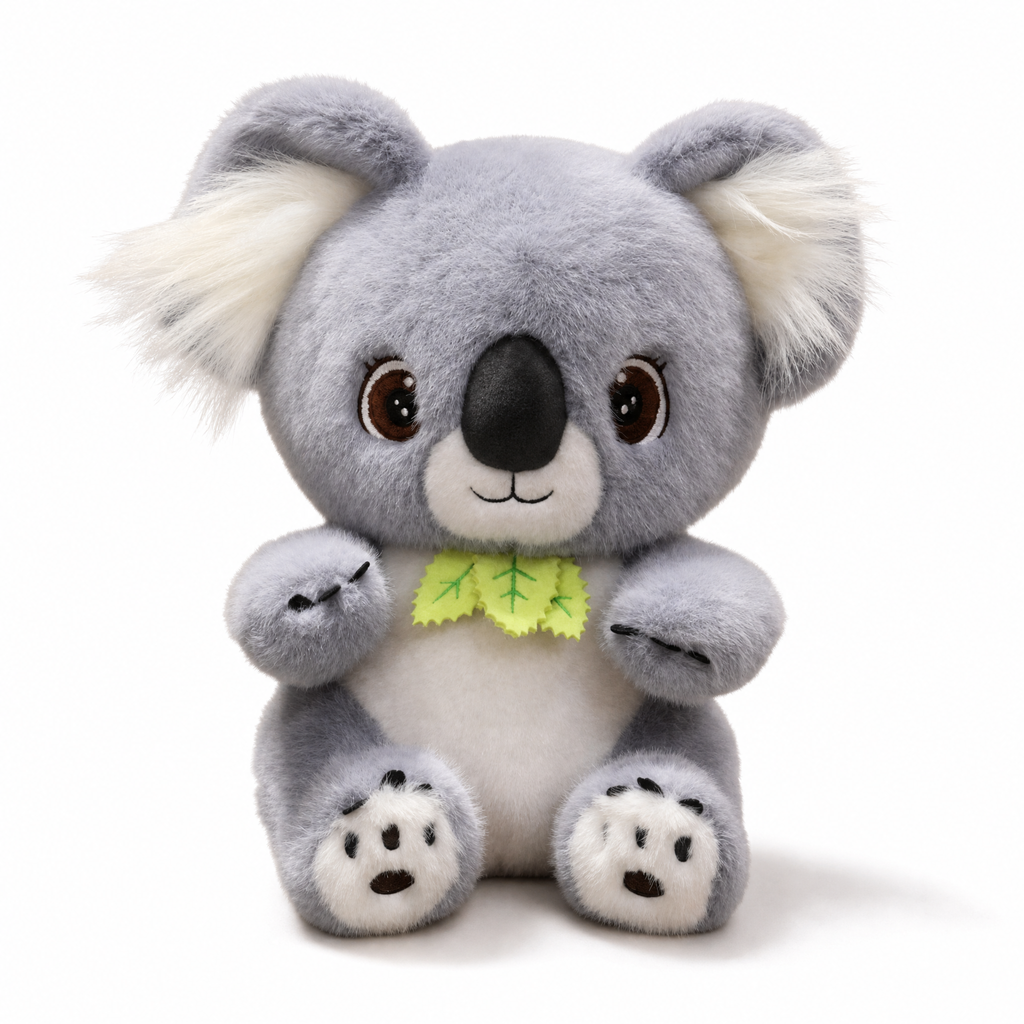 Grijze koala knuffel met eucalyptusblad