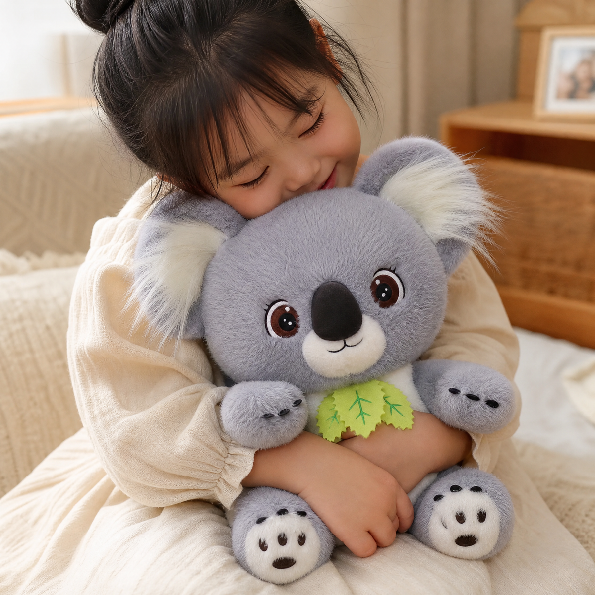 Grijze koala knuffel met eucalyptusblad