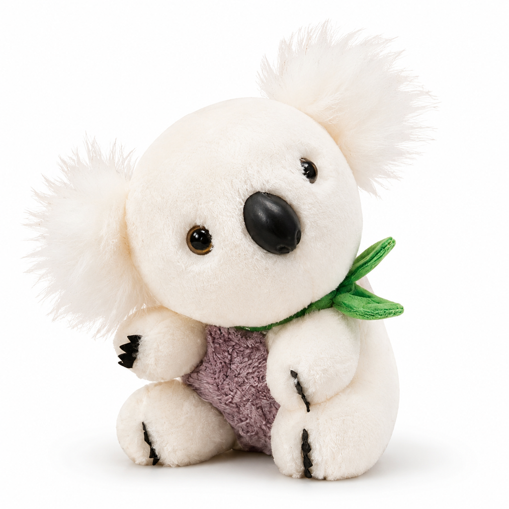 Grijs-witte koala knuffel met eucalyptusblad
