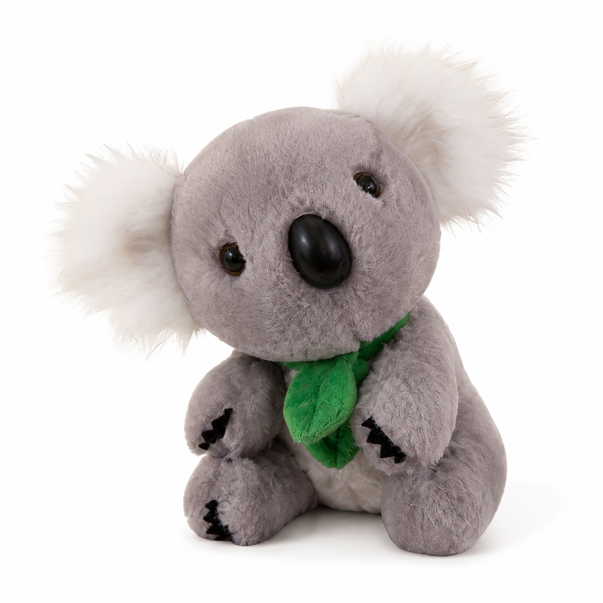 Grijs-witte koala knuffel met eucalyptusblad