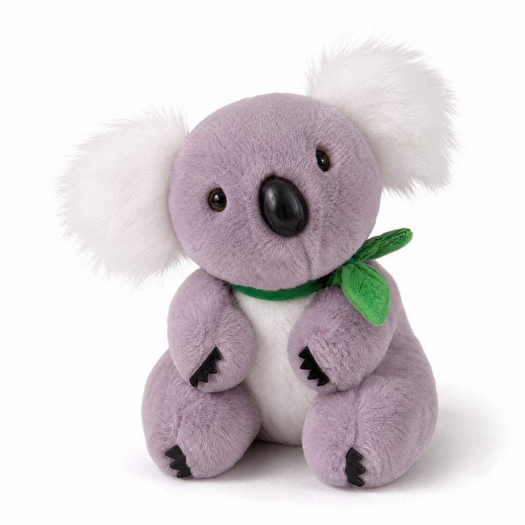 Grijs-witte koala knuffel met eucalyptusblad