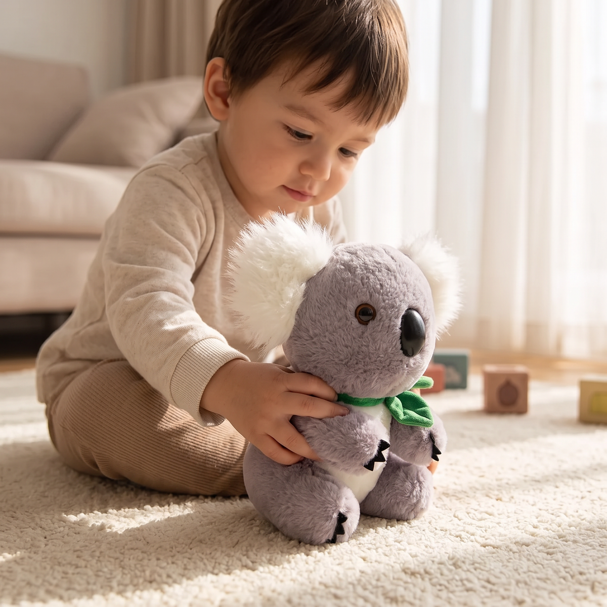 Grijs-witte koala knuffel met eucalyptusblad