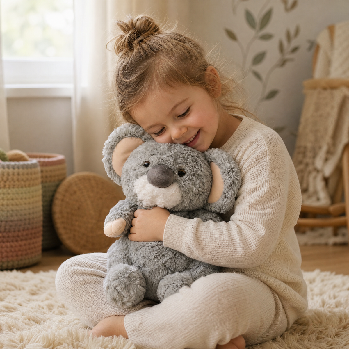 Grijze koala knuffel met eucalyptusblad 35 cm