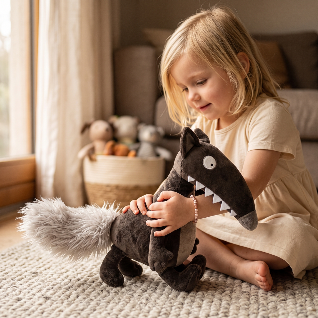 Tekenfilm wolf knuffel met grote tanden