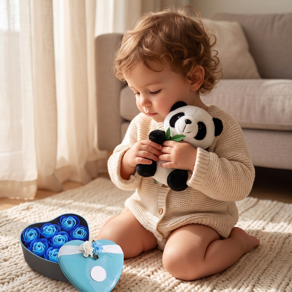 Panda knuffel in blauwe hartdoos Valentijnsdag