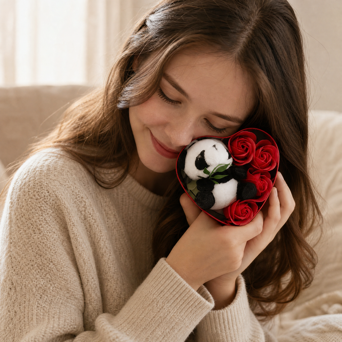 Valentijn panda knuffel in geschenkdoos met hart en rozen