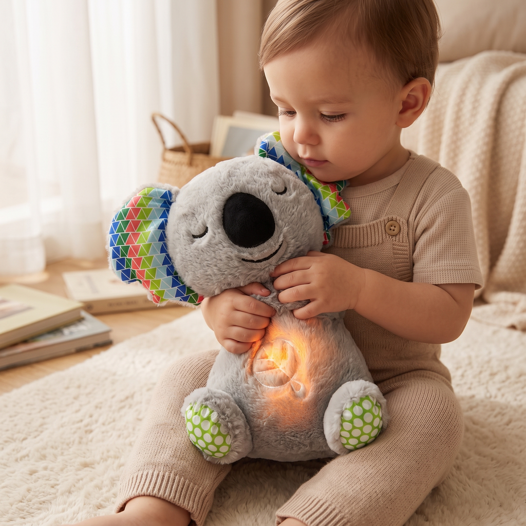 Ademende grijze koala knuffel met rustgevende functie
