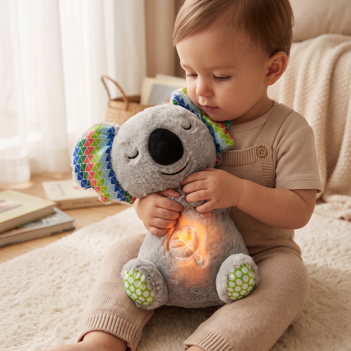 Ademende grijze koala knuffel met rustgevende functie
