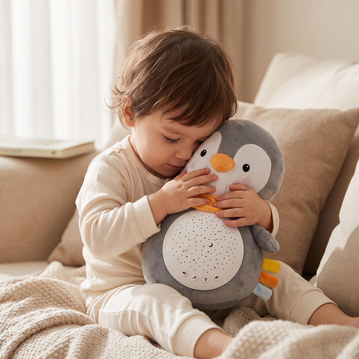 Pinguïn knuffel nachtlampje met witte ruis