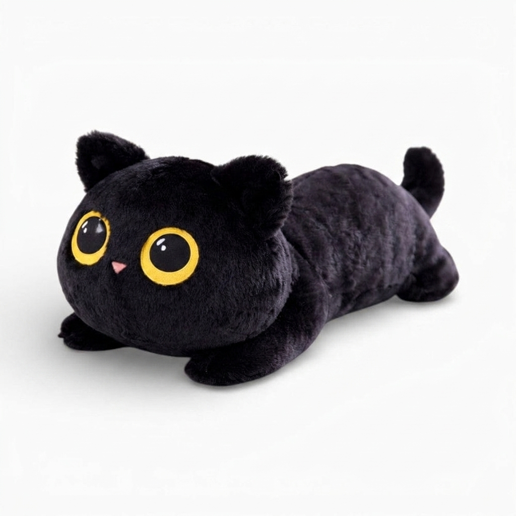 Kawaii zwarte kat knuffel met grote gouden ogen