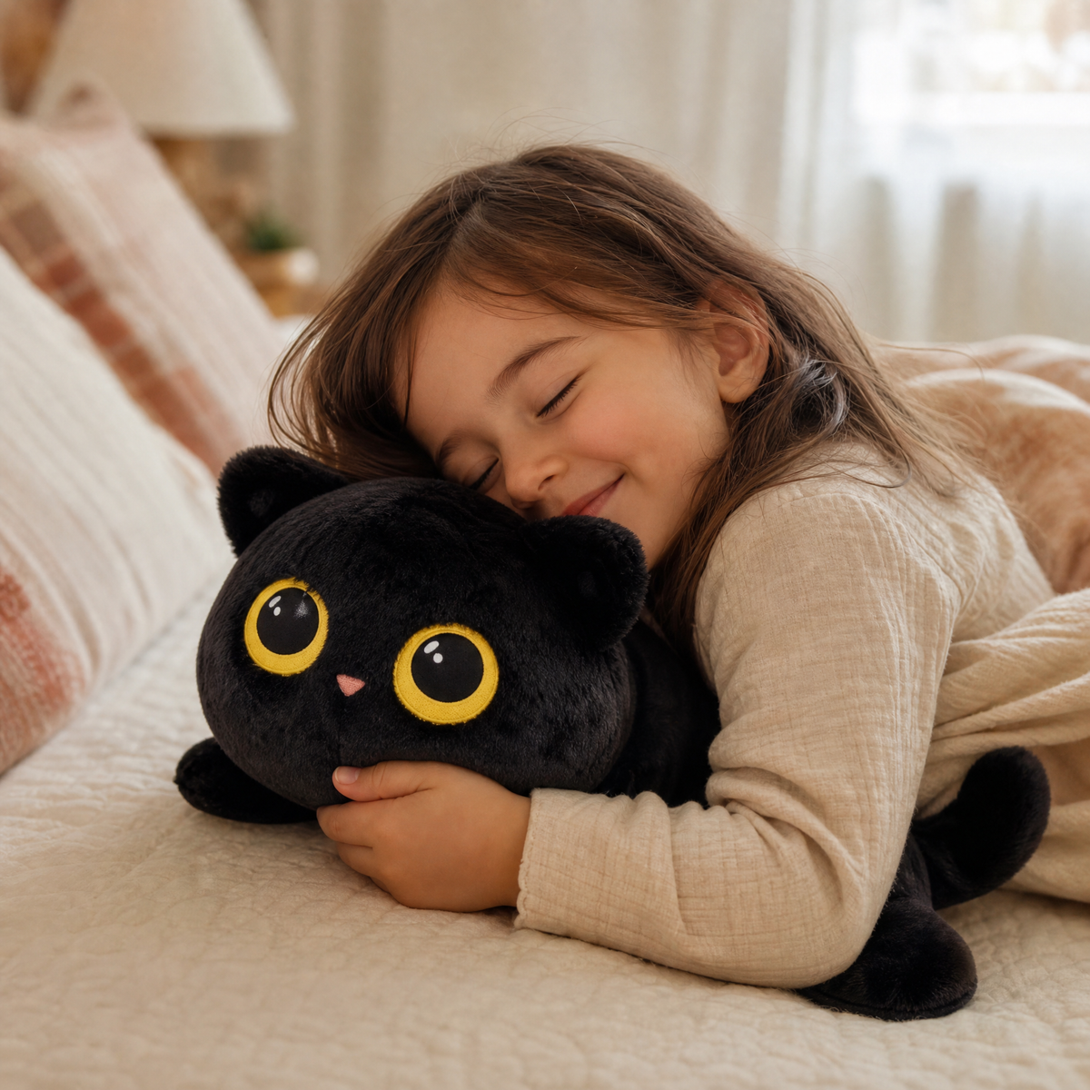 Kawaii zwarte kat knuffel met grote gouden ogen