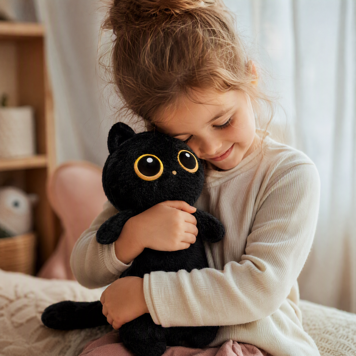 Kawaii zwarte kat knuffel met grote ogen