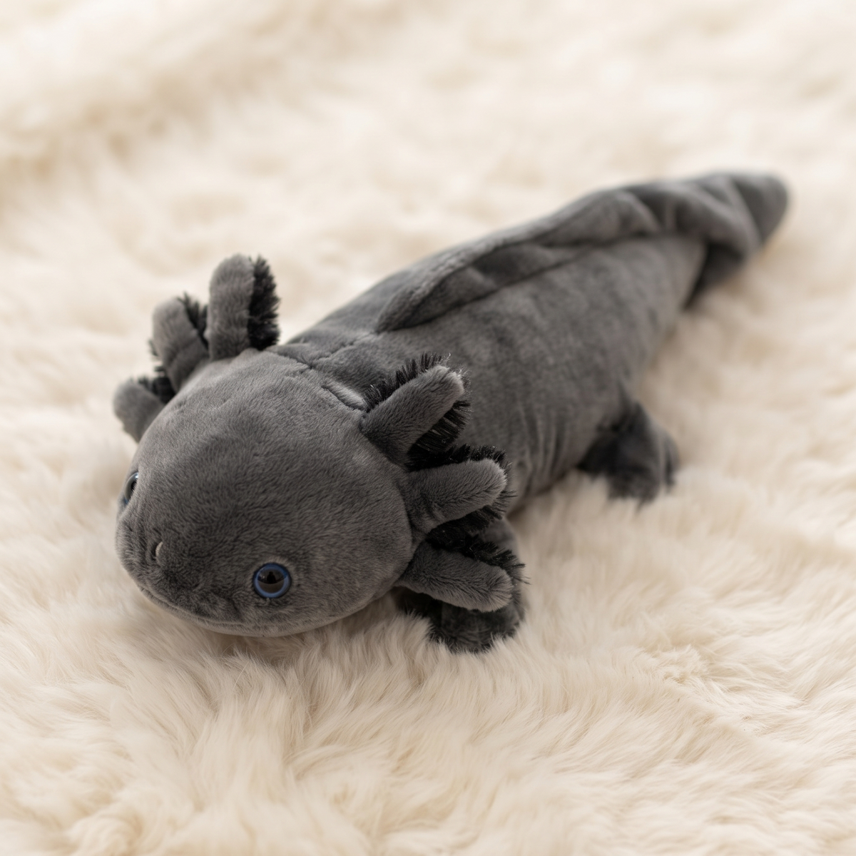 Realistische zwarte axolotl knuffel met blauwe ogen