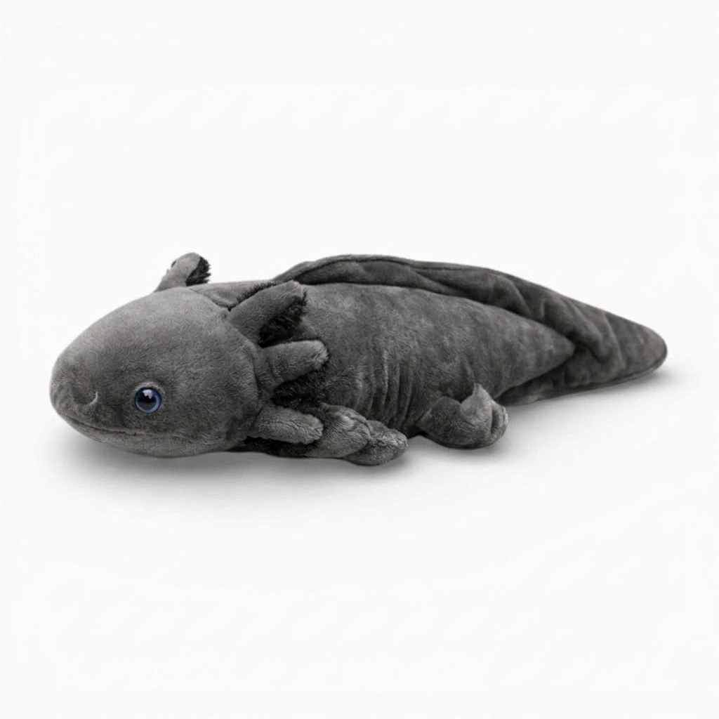 Realistische zwarte axolotl knuffel met blauwe ogen