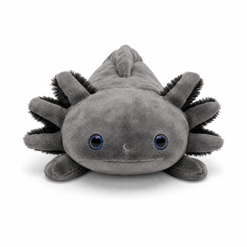 Realistische zwarte axolotl knuffel met blauwe ogen