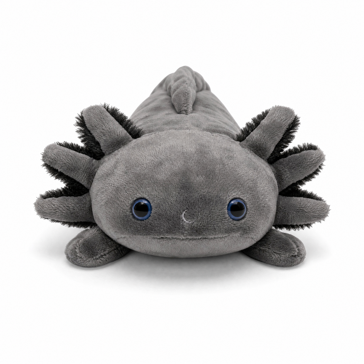 Realistische zwarte axolotl knuffel met blauwe ogen