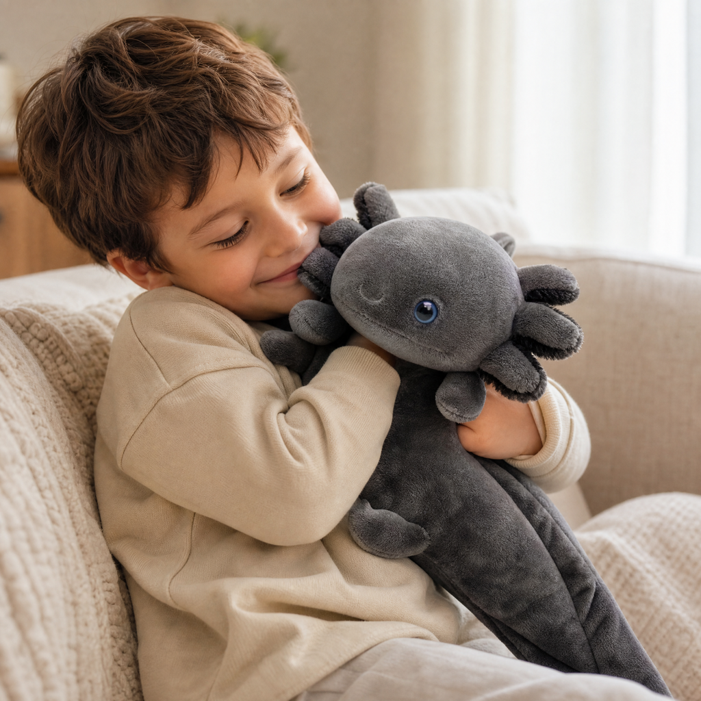 Realistische zwarte axolotl knuffel met blauwe ogen